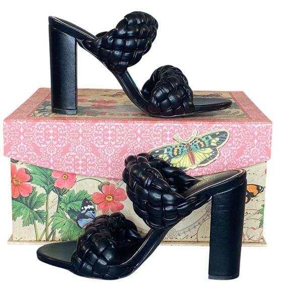 Liliana Ryant 1 Black Faux Leather Heels Women Size 8.5 Slip On Twisted Straps - Picture 1 of 5